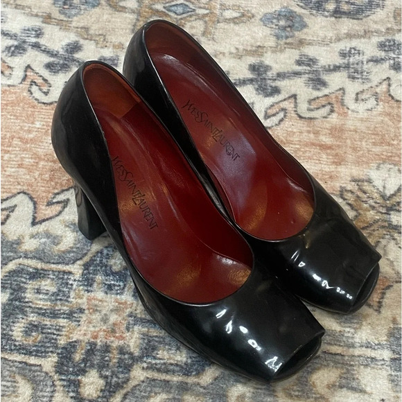 Vintage YVES SAINT LAURENT YSL Peep Toe Black Patent Leather High Heels Size 9.5 - Picture 13 of 16